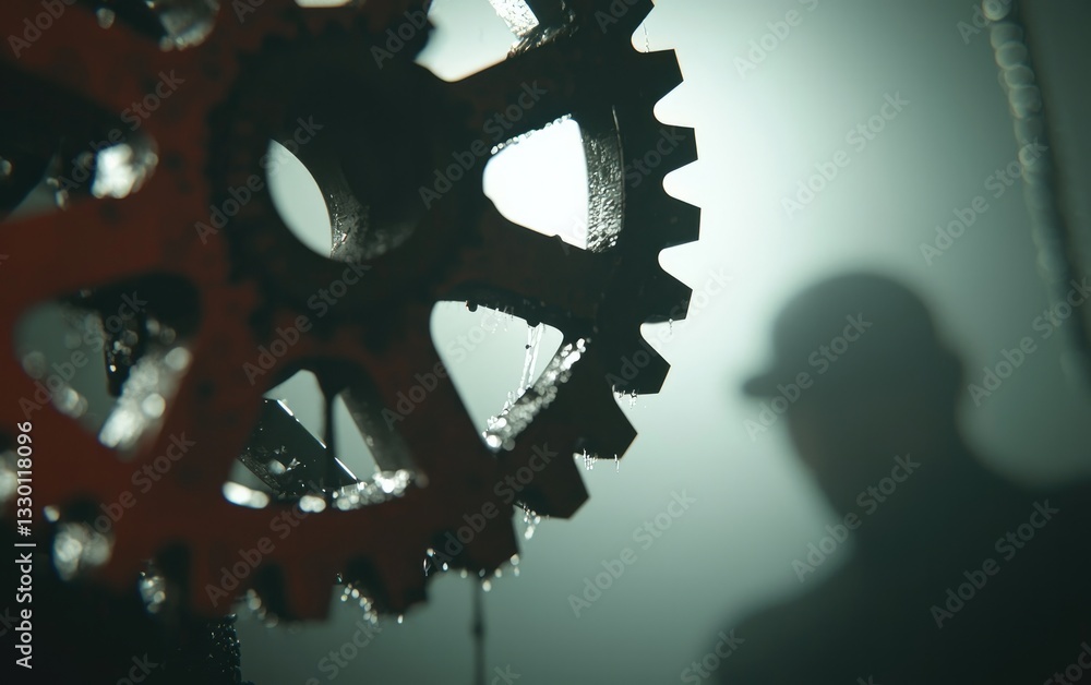Poster close up of rusty gears with silhouette of person in hardhat in background
