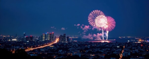Midnight blue sky, fireworks exploding over cityscape, party, colorful