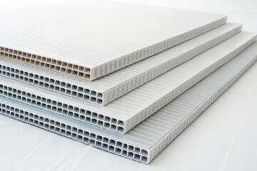Obraz premium Stacked Corrugated Polypropylene Sheets Displayed on a White Standard Scale for Measurement and Assessment in a Workshop Generative AI