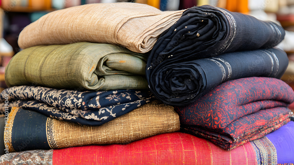 Poster neatly stacked folded blankets in natural light creating a cozy and inviting atmosphere with soft te