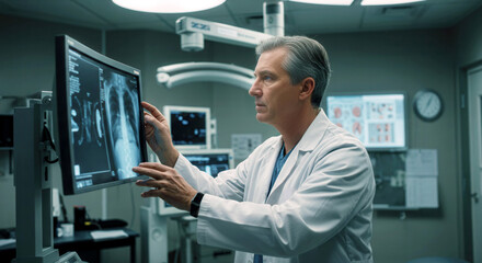 Doctor in a futuristic lab examining chest x ray on a large screen with advanced technology