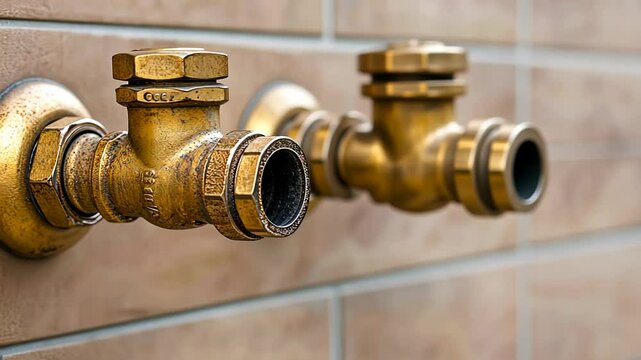 Detailed close-up of a brass industrial pipe fitting with clear texture, nuts, and threads, highlighting its industrial design.
