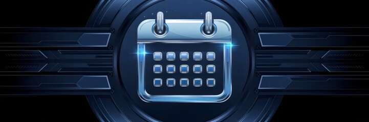 Sleek futuristic calendar icon with metallic and neon blue highlights – Great for tech innovation, corporate scheduling, or AI-driven efficiency themes.