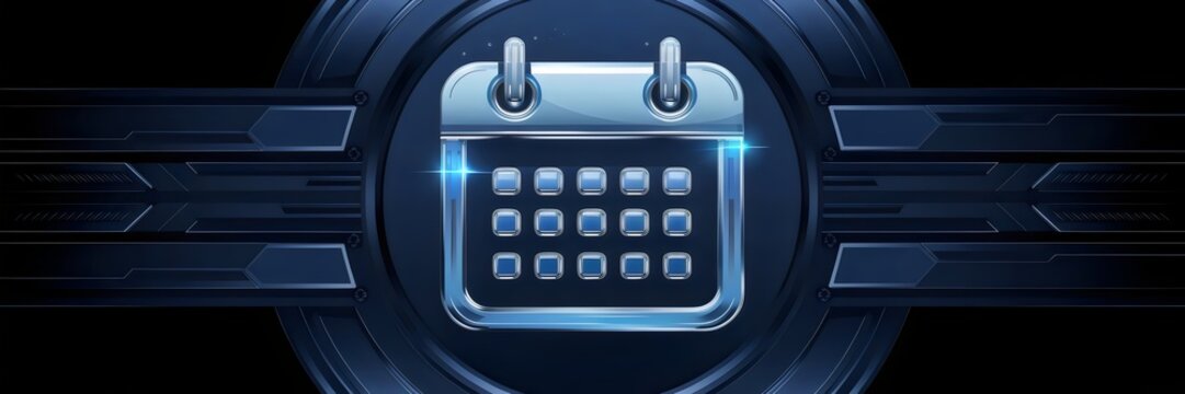 Sleek futuristic calendar icon with metallic and neon blue highlights – Great for tech innovation, corporate scheduling, or AI-driven efficiency themes.