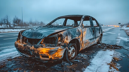 Fototapeta premium Damaged car on a winter road