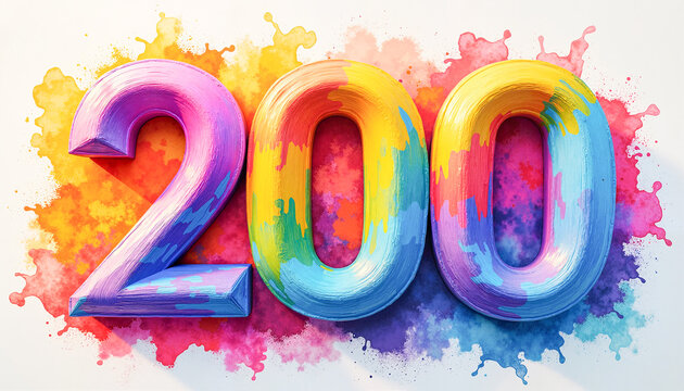 Colorful rendering of the number 200 surrounded by a vibrant artsy background, celebrating a successful milestone in growth.