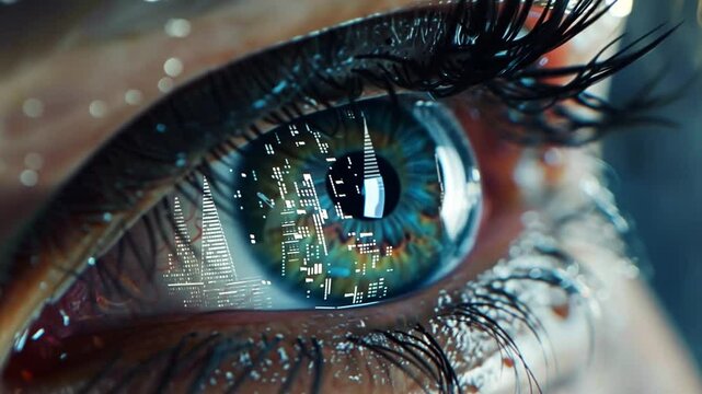 Nahaufnahme eines Auges mit reflektierenden digitalen Daten