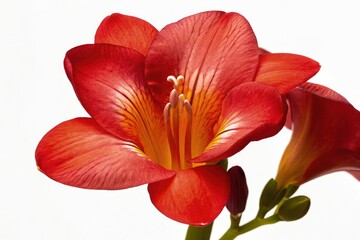 Top View of a Vibrant Freesia Flower Showcasing Its Intricate Details and Rich Colors Against a White Background Generative AI