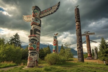 Intricately Carved Totems Stand Tall Against a Cloudy Sky in Scenic Landscape Generative AI