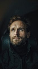 Fototapeta premium Caucasian young adult man pondering deeply while traveling, experiencing introspection and solitude