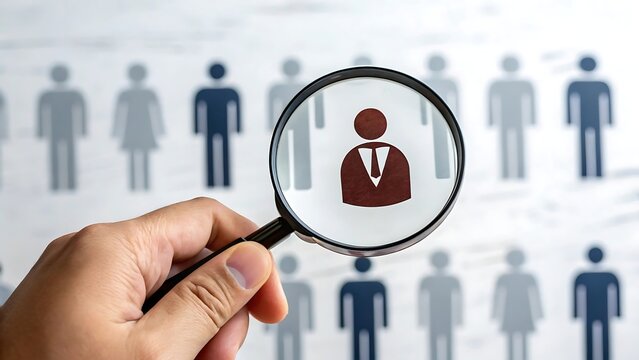 Magnifying glass focusing on a specific candidate amidst a crowd