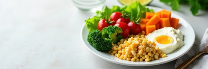 Healthy meal plate, divided sections showing grains, vegetables, fruits, protein, dairy, delicious food, healthy choices, plate