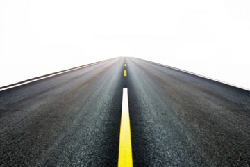 A long asphalt road stretching towards a bright horizon with yellow and white lane markings, surrounded by green fields and a partly cloudy sky