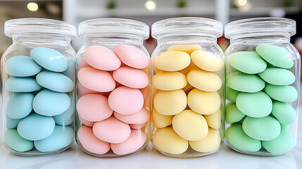 Colorful pastel candies in glass jars showcasing an array of vibrant hues, perfect for a sweet treat display for events and special occasions