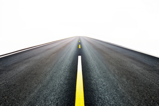 A long asphalt road stretching towards a bright horizon with yellow and white lane markings, surrounded by green fields and a partly cloudy sky