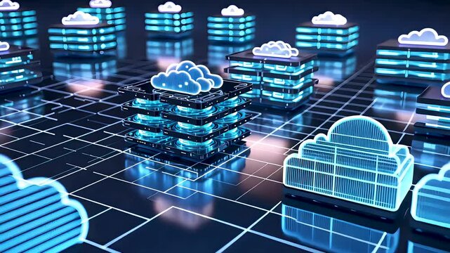 Digital Cloud Computing Network with Holographic Data and AI Processing Visualization
