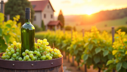 Fototapeta premium Wine barrel filled with green grapes and a green wine bottle against a sunset in the background, capturing the essence of rural charm.