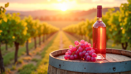 Fototapeta premium Wine barrel with fresh pink grapes and a bottle of rosé wine against a sunset backdrop, symbolizing indulgence in nature's beauty.