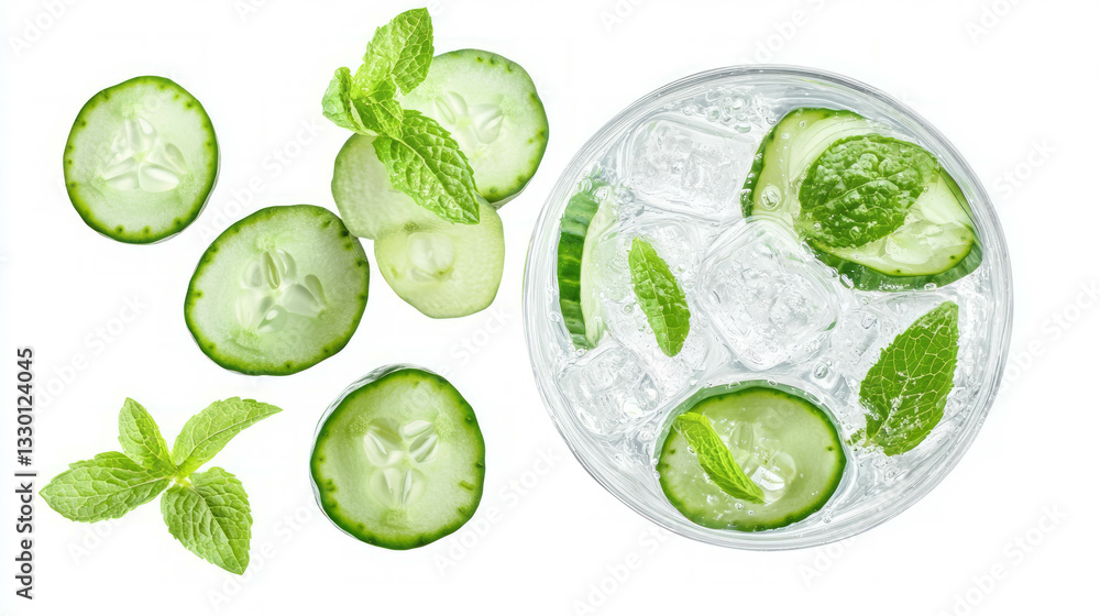Poster refreshing gin and tonic with cucumber and mint garnish for summer drinks