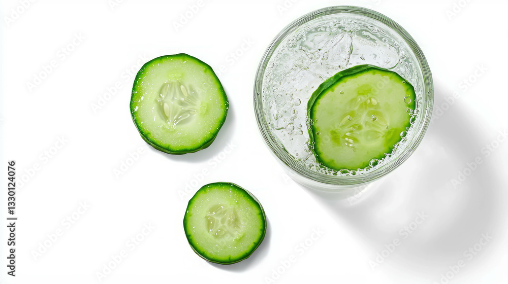 Poster Refreshing gin and tonic with cucumber slices on white background