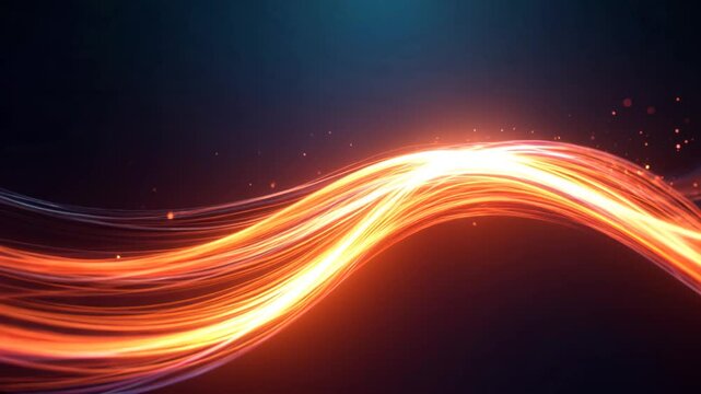 Flujo din&aacute;mico de l&iacute;neas de luz naranja brillante en un fondo oscuro, representando tecnolog&iacute;a, fibra &oacute;ptica y transmisi&oacute;n de datos en un dise&ntilde;o abstracto y futurista.