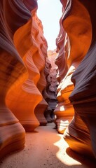 Towering sandstone hoodoos frame a narrow, sun-drenched slot canyon , towering, geology