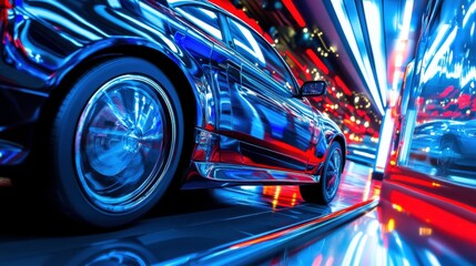 Vibrant Cityscape with EV and Colorful Reflections