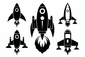 rocket space set line art silhouette vector illustration