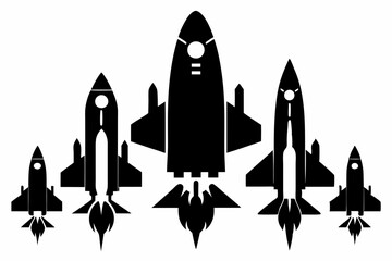 rocket space set line art silhouette vector illustration
