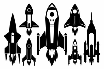 rocket space set line art silhouette vector illustration