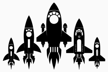 rocket space set line art silhouette vector illustration