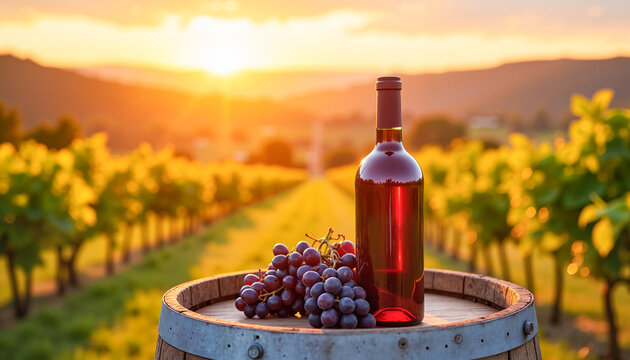 Wine barrel with dark purple grapes and a deep red wine bottle against a sunset backdrop, celebrating vineyard abundance.