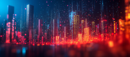 Fototapeta premium Vibrant Digital Cityscape at Night with Glowing Buildings and Pixelated Lights