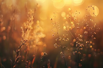 Fototapeta premium A beautifully designed abstract image featuring a bokeh background filled with numerous golden glowing particles, creating a soft and elegant visual effect that is soothing.