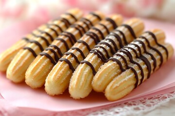 Sweet pastries with chocolate topping on pink paper