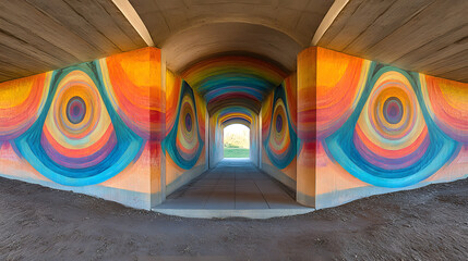 Enigmatic tunnel featuring balanced mural and striking symmetry in art captured in a dramatic perspective of urban exploration.