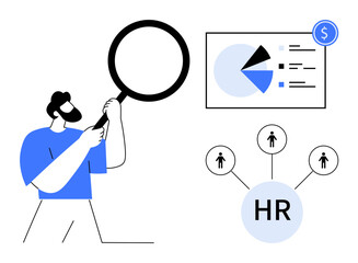 Man using magnifying glass examines HR-related metrics. Pie chart and HR network signify recruitment, analysis, performance, strategy. Ideal for data analysis, HR solutions, management, efficiency
