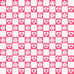 Flowers and Hearts Chessboard, Groovy, trippy Retro style All over Print Seamless Pattern Vector Illustration