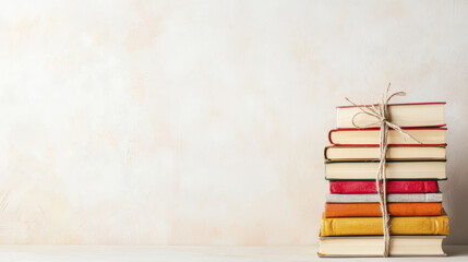 Stack of vintage books tied with twine against neutral background, evoking nostalgia and warmth