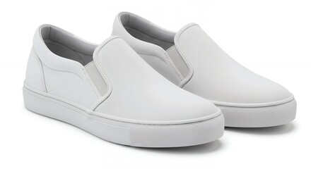 Pair of Clean White Leather Slip on Sneakers for Casual Wear