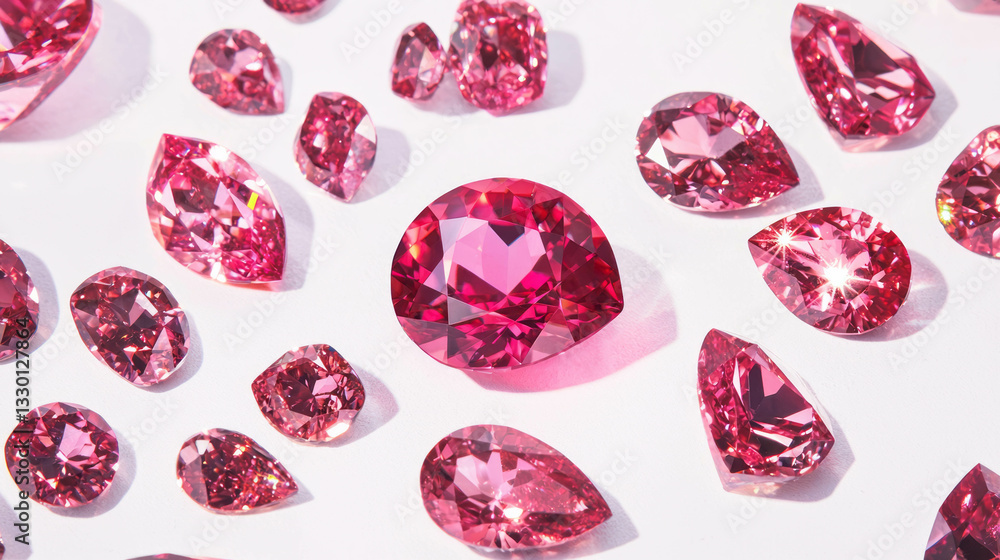 Poster radiant assortment of bright red ruby gems against white surface
