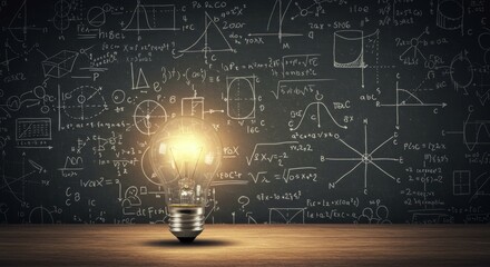 A light bulb on a wooden surface, surrounded by a chalkboard background filled with various scientific and mathematical diagrams and equations, colorful and vibrant