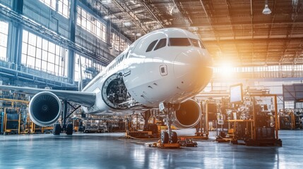 Aircraft Maintenance Workshop with Modern Jet Airplane Interior