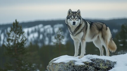 Majestic husky stands guard on snowy peak