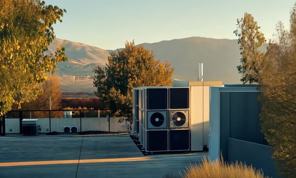Modern Air Conditioning Equipment Surrounded by Trees in a Scenic Mountainous Landscape