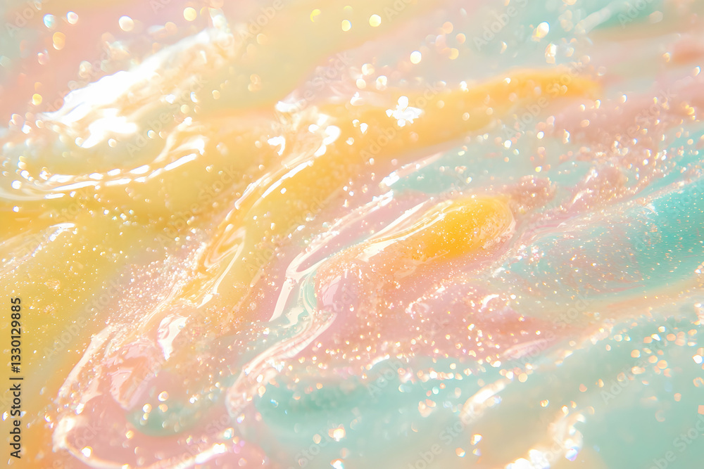 Poster close-up of colorful swirls with glittering particles and fluid texture
