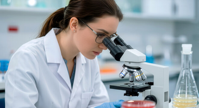 Researcher recording findings using a high tech microscope in a cutting edge lab setting