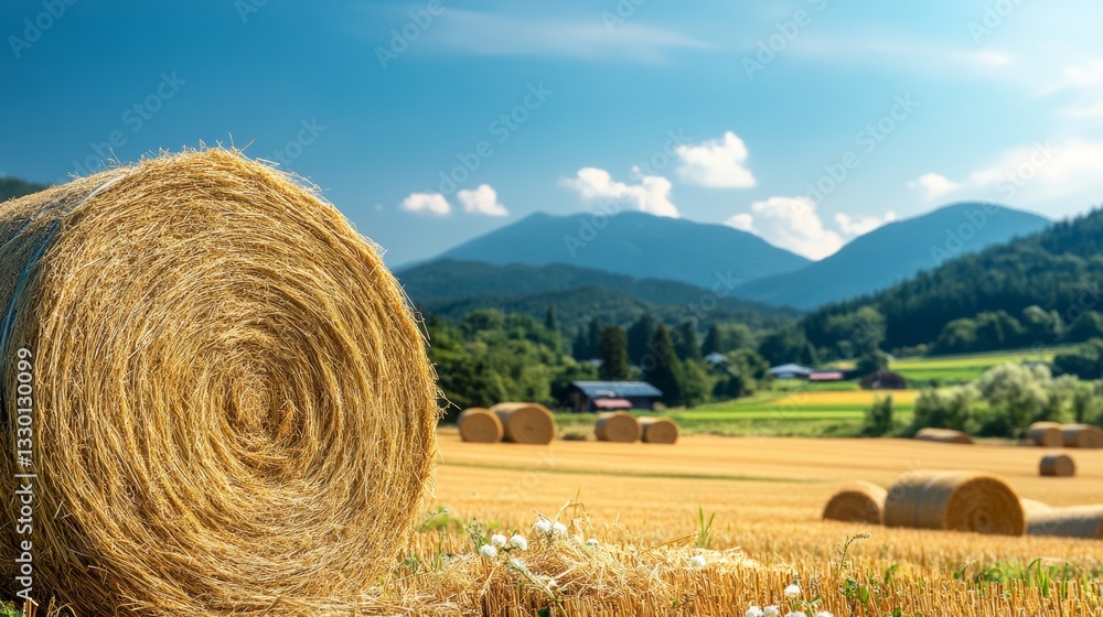Poster large roll of hay is sitting in a field with a beautiful mountain range in the background. the scene