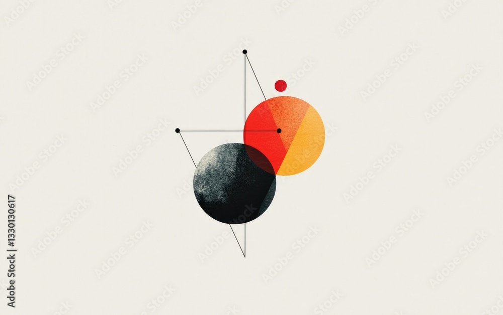 Poster abstract image of a textured black and orange circle intersecting with geometric lines on a plain ba