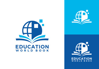 Naklejka premium globe with book logo. education technology symbol vector design